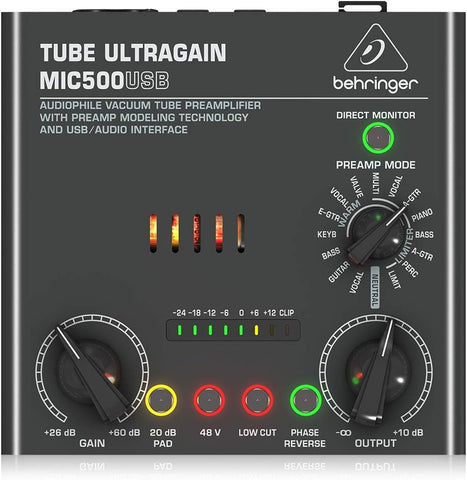 Behringer TUBE ULTRAGAIN MIC500USB Audiophile Vacuum Tube Preamplifier with Preamp Modeling Technology and USB/Audio Interface