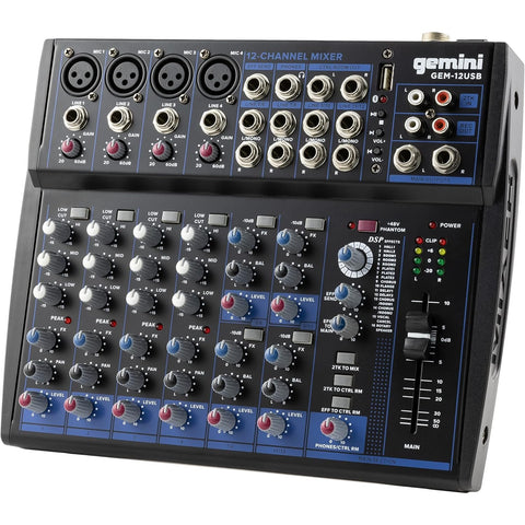Gemini Sound GEM-12USB Compact 12 Channel Bluetooth Analog Audio Mixer - USB Playback (Black)
