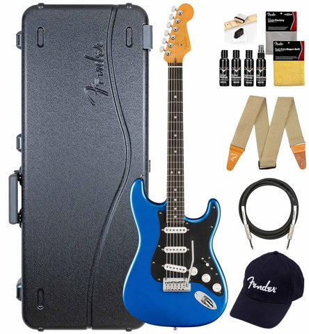 Fender American Ultra II Stratocaster - Noble Blue Bundle with Case, Strap, Cable, Hat, and Guitar Cleaning Kit